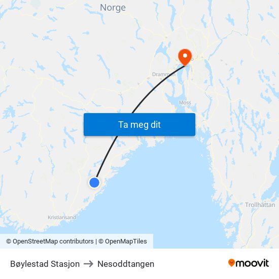 Bøylestad Stasjon to Nesoddtangen map