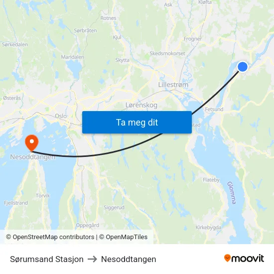 Sørumsand Stasjon to Nesoddtangen map
