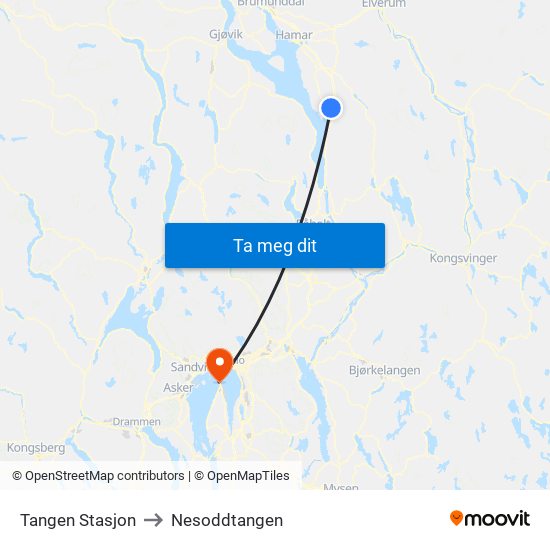 Tangen Stasjon to Nesoddtangen map