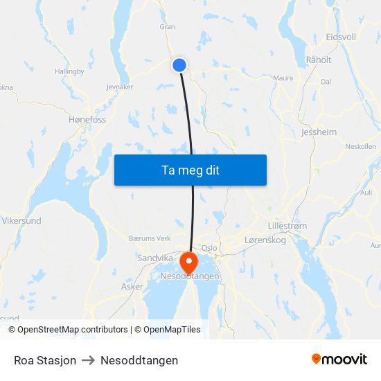 Roa Stasjon to Nesoddtangen map