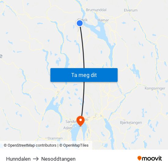 Hunndalen to Nesoddtangen map