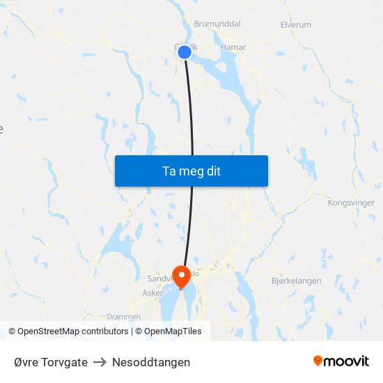 Øvre Torvgate to Nesoddtangen map