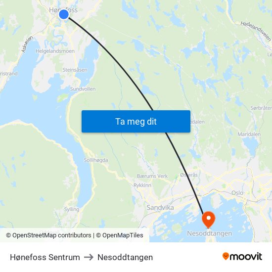 Hønefoss Sentrum to Nesoddtangen map