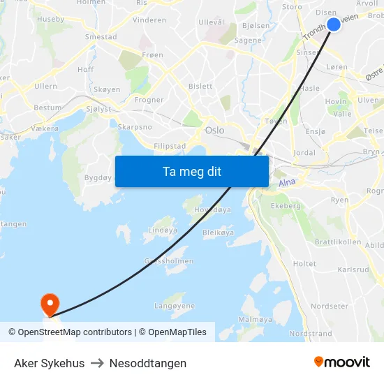 Aker Sykehus to Nesoddtangen map