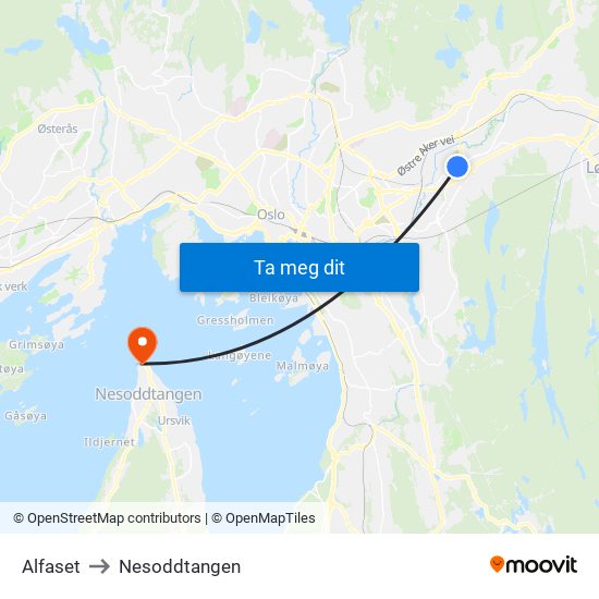 Alfaset to Nesoddtangen map