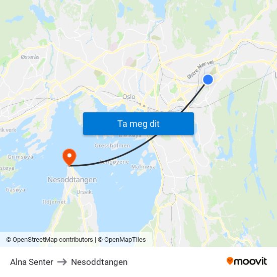 Alna Senter to Nesoddtangen map