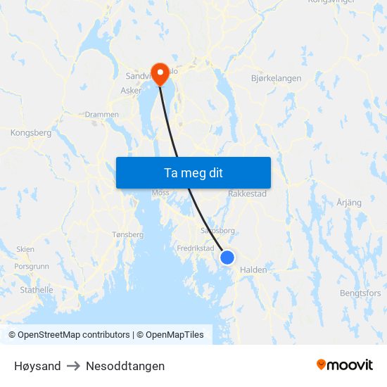 Høysand to Nesoddtangen map