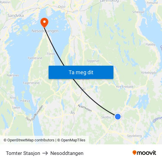 Tomter Stasjon to Nesoddtangen map