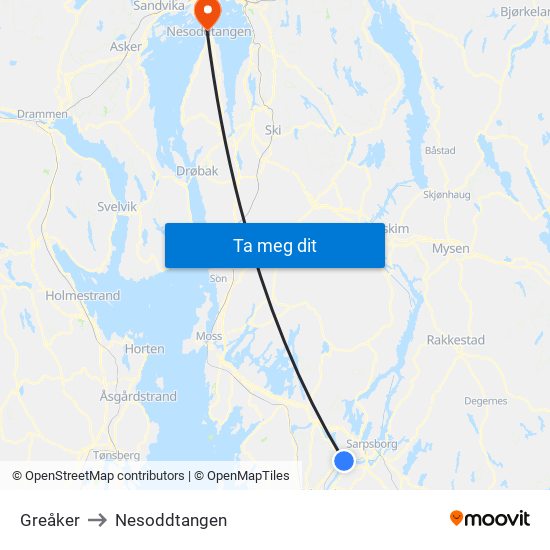 Greåker to Nesoddtangen map