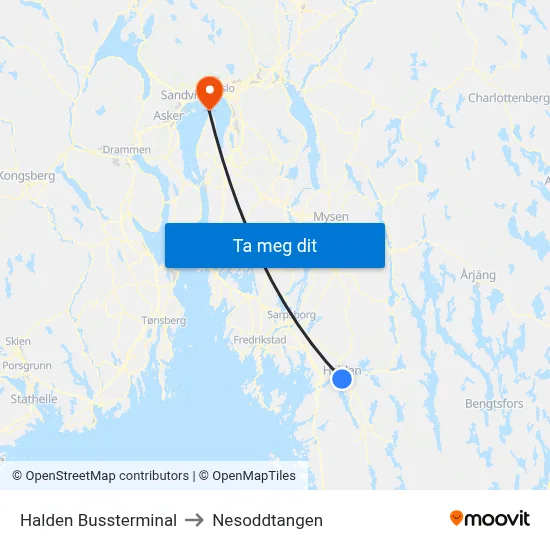 Halden Bussterminal to Nesoddtangen map