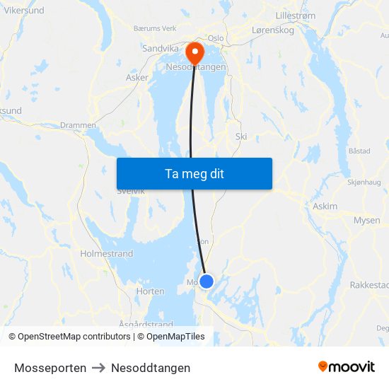 Mosseporten to Nesoddtangen map