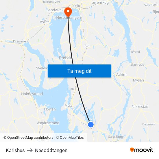 Karlshus to Nesoddtangen map