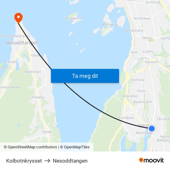 Kolbotnkrysset to Nesoddtangen map