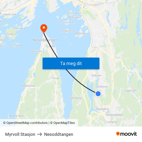 Myrvoll Stasjon to Nesoddtangen map