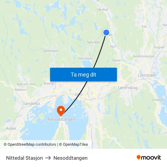 Nittedal Stasjon to Nesoddtangen map