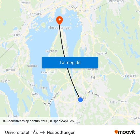 Universitetet I Ås to Nesoddtangen map