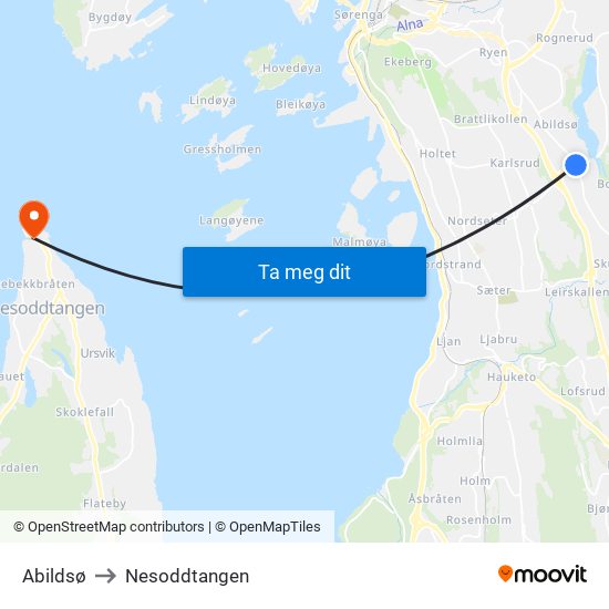 Abildsø to Nesoddtangen map