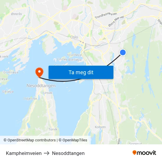 Kampheimveien to Nesoddtangen map