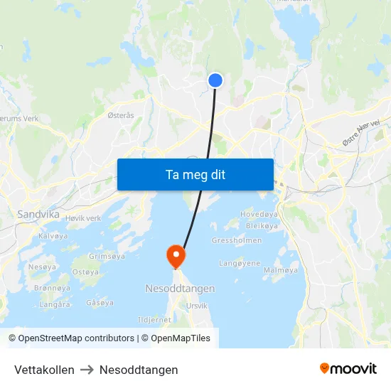Vettakollen to Nesoddtangen map