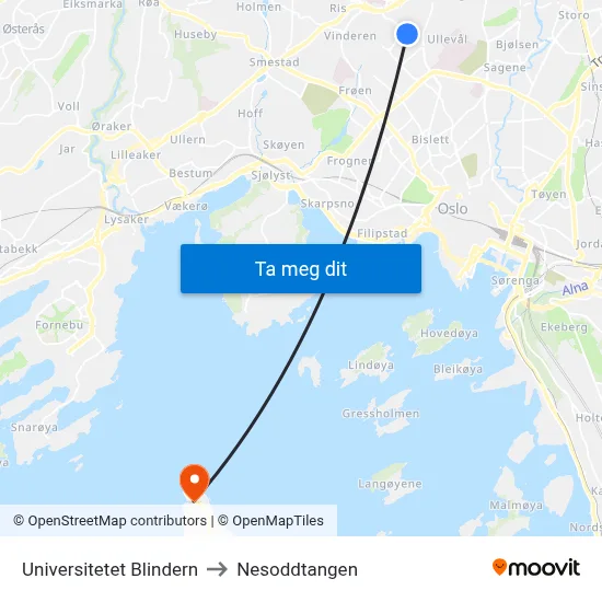Universitetet Blindern to Nesoddtangen map