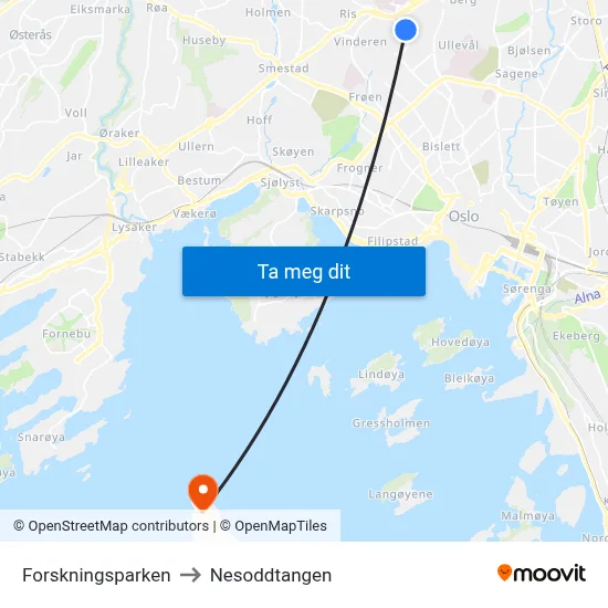 Forskningsparken to Nesoddtangen map