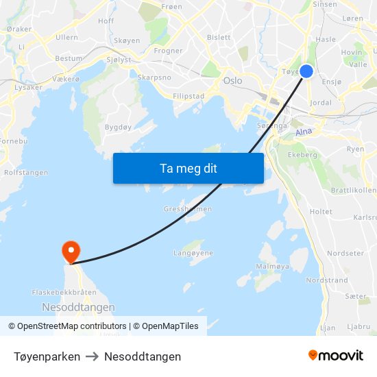 Tøyenparken to Nesoddtangen map