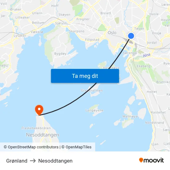 Grønland to Nesoddtangen map