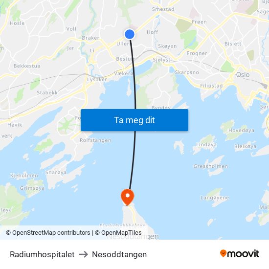 Radiumhospitalet to Nesoddtangen map