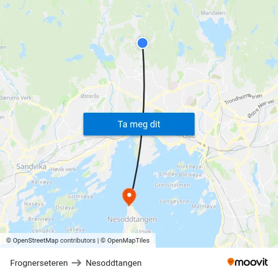 Frognerseteren to Nesoddtangen map