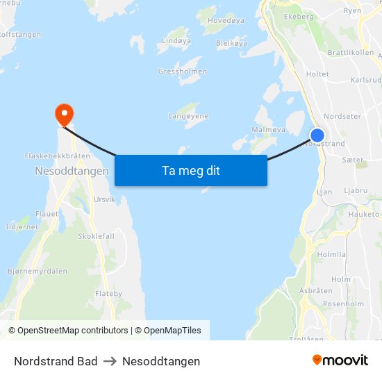 Nordstrand Bad to Nesoddtangen map