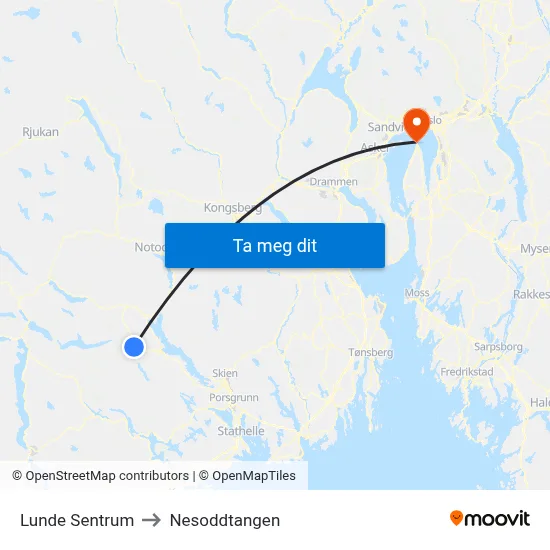 Lunde Sentrum to Nesoddtangen map