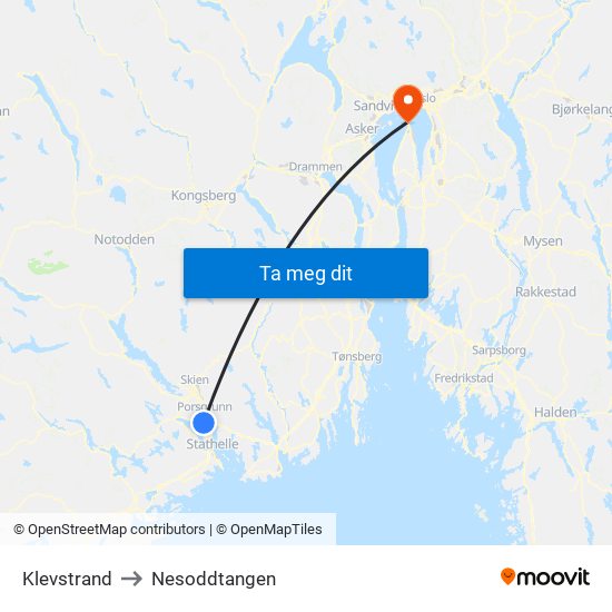 Klevstrand to Nesoddtangen map