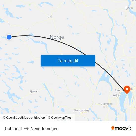 Ustaoset to Nesoddtangen map