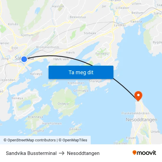 Sandvika Bussterminal to Nesoddtangen map