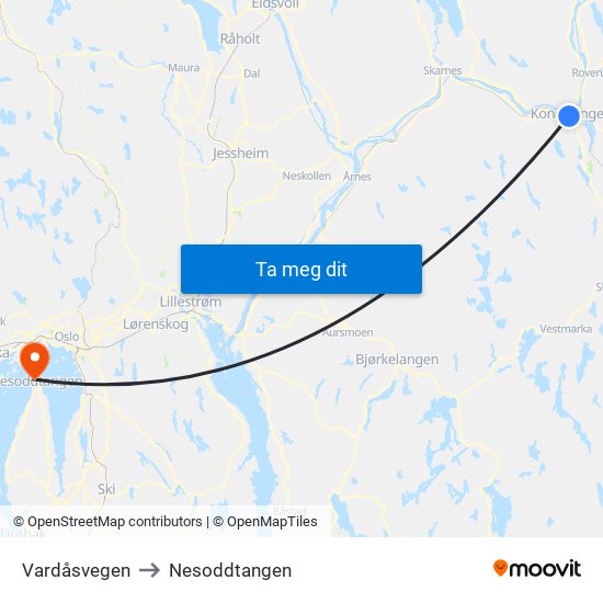 Vardåsvegen to Nesoddtangen map