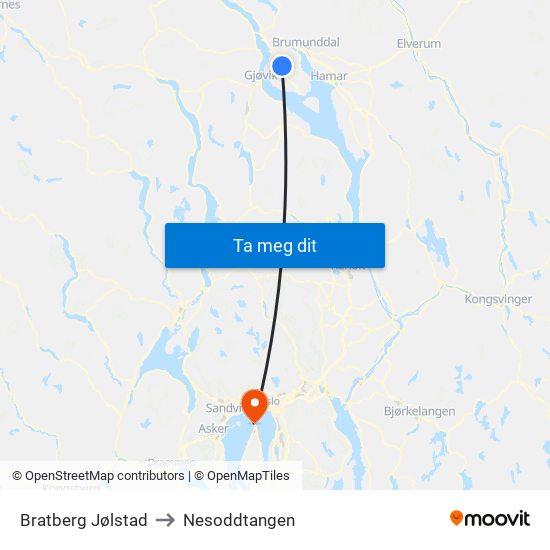 Bratberg Jølstad to Nesoddtangen map