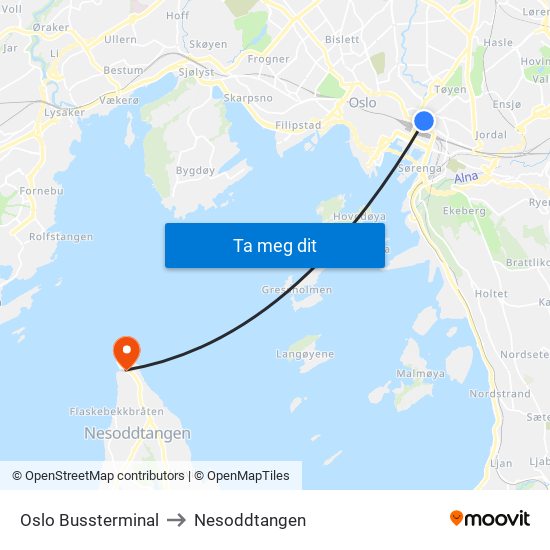 Oslo Bussterminal to Nesoddtangen map