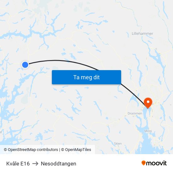 Kvåle E16 to Nesoddtangen map