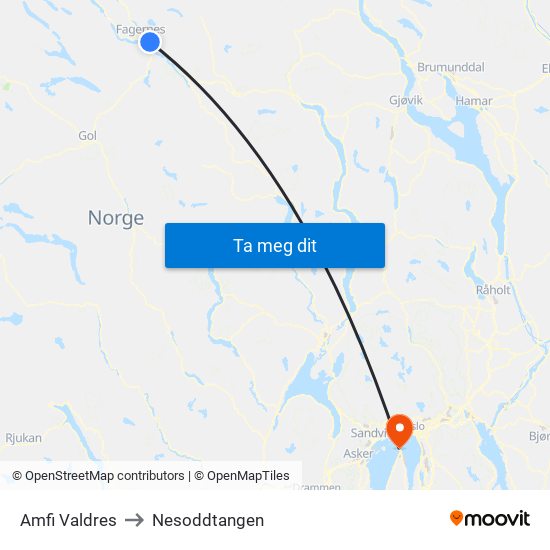 Amfi Valdres to Nesoddtangen map