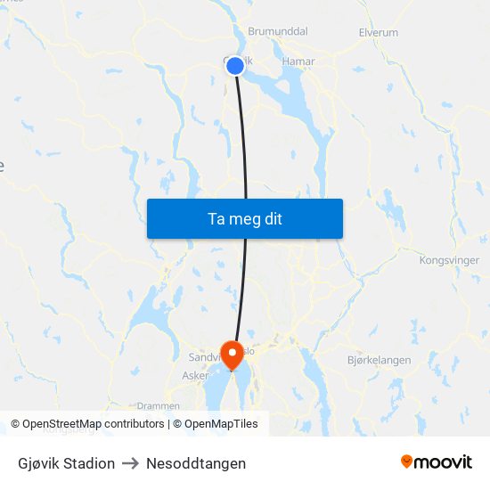 Gjøvik Stadion to Nesoddtangen map