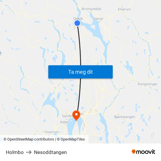 Holmbo to Nesoddtangen map