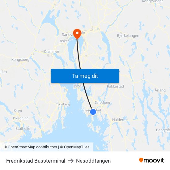 Fredrikstad Bussterminal to Nesoddtangen map