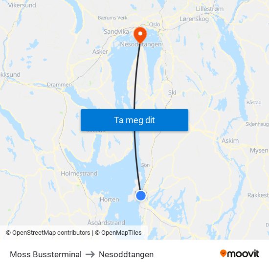 Moss Bussterminal to Nesoddtangen map