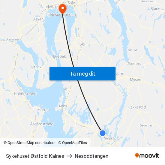 Sykehuset Østfold Kalnes to Nesoddtangen map