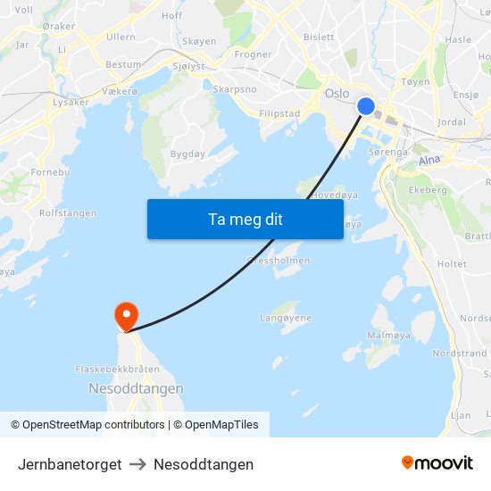 Jernbanetorget to Nesoddtangen map