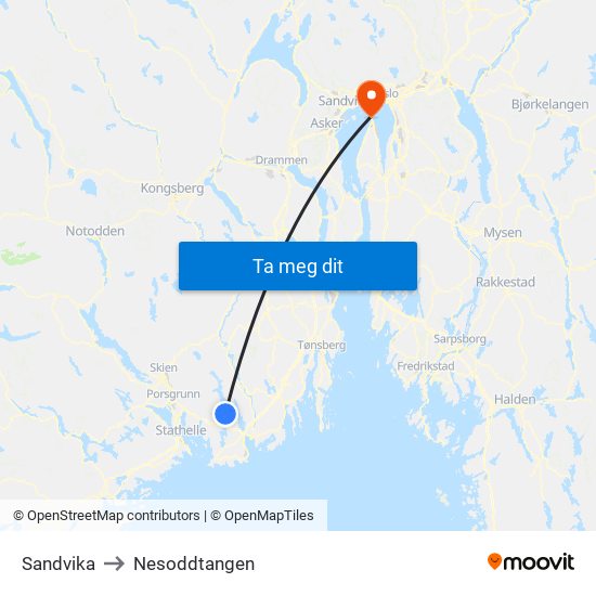 Sandvika to Nesoddtangen map