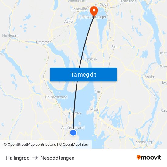 Hallingrød to Nesoddtangen map