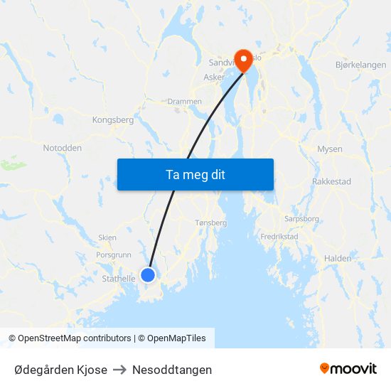 Ødegården Kjose to Nesoddtangen map