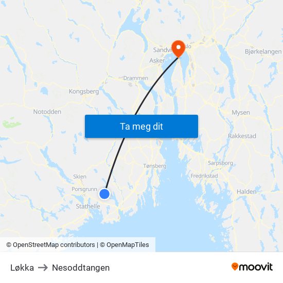 Løkka to Nesoddtangen map