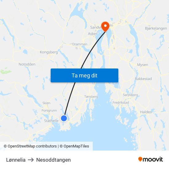 Lønnelia to Nesoddtangen map